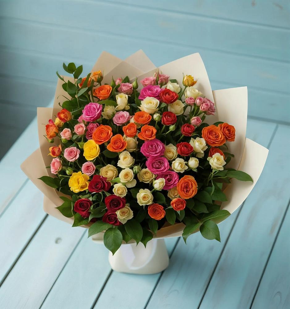 Букет Микс из разноцветных кустовых роз в Щёлково