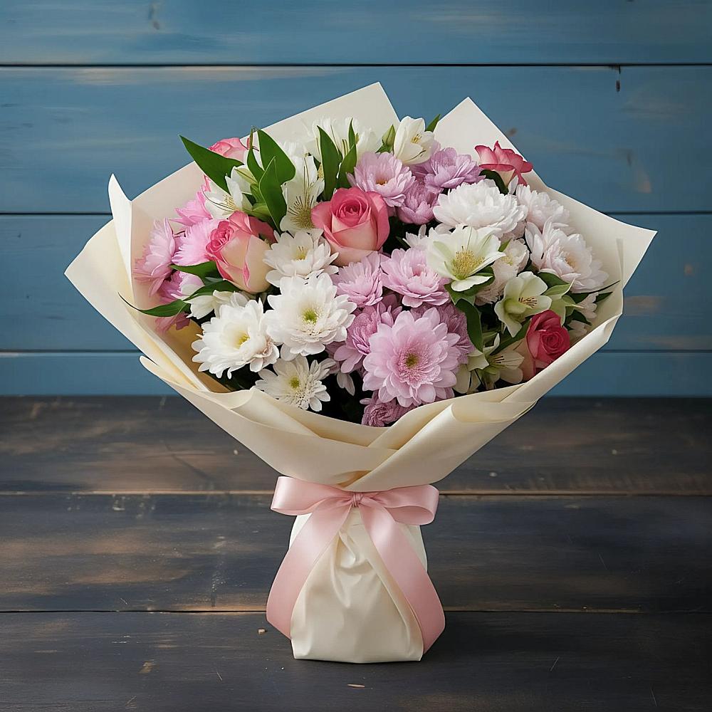 Букет цветов из: Хризантемы, Альстромерии и Розы в Щёлково